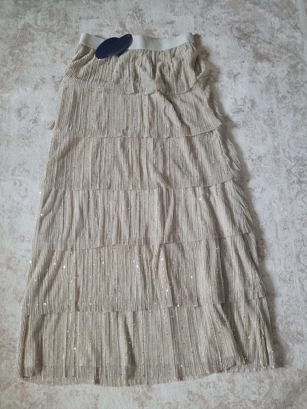 Sequined Tiered Maxi Skirt in Light Beige Balletcore